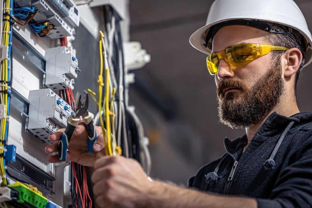 Home male electrician works switchboard with electrical connecting cable