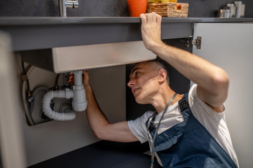 Home plumber repair experienced attentive middleaged man examining bottom kitchen sink