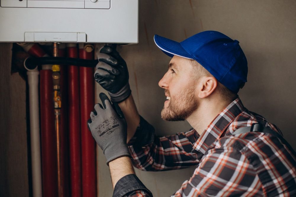 Home service man adjusting house heating system