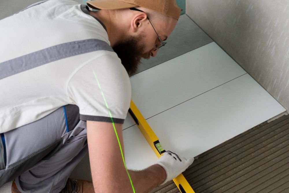 Home tiler working renovation apartment